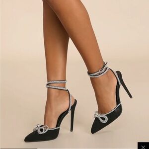 Lulus Black Suede Rhinestone Pointed-Toe Pumps Size 5.5